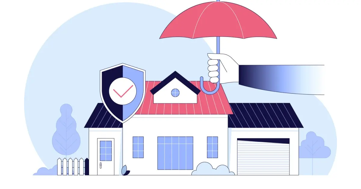 Insurance-covered house illustration with umbrella and shield