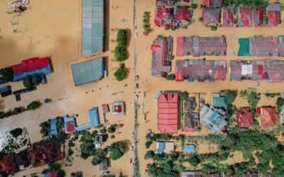 Aerial view of flooded buildings